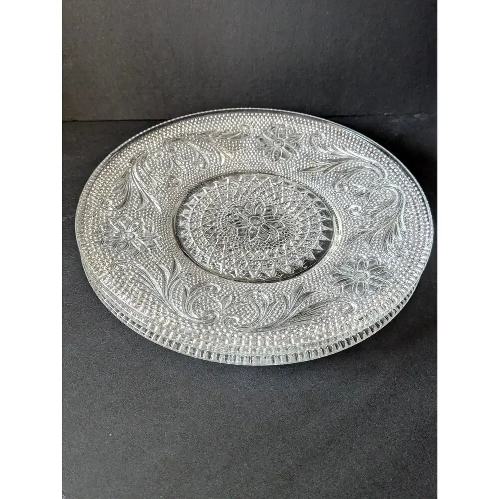 VTG Set Of 7 Indiana Glass Clear Pressed Sandwich Pattern Sherbet Plates 6